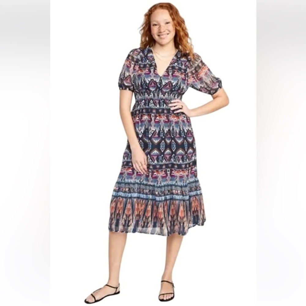 Boho Old Navy Waist-Defined V-Neck Midi Dress Blue Aztec Geometric Print